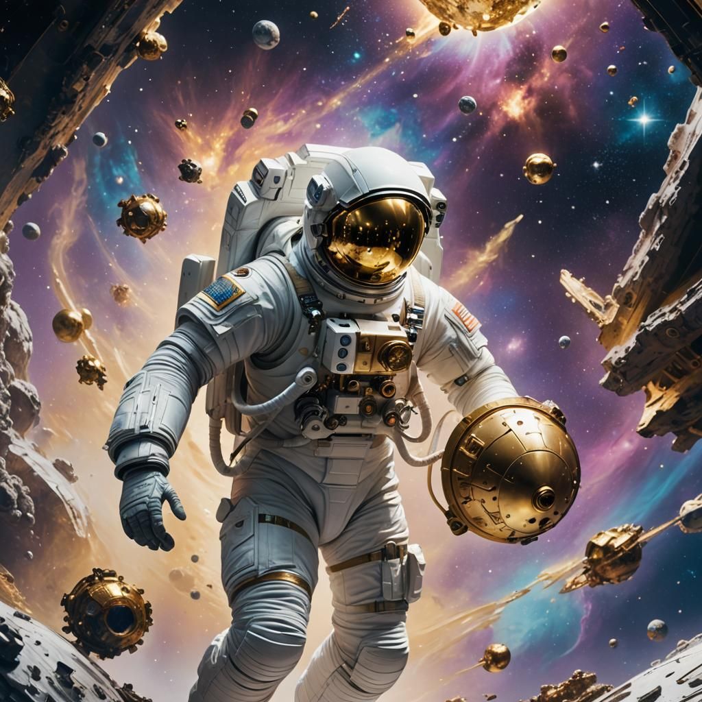 Astronaut in Spacesuit Floating Through Space