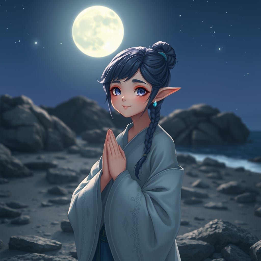 Moonlit Elf Cleric Radiates Joy on Rocky Beach