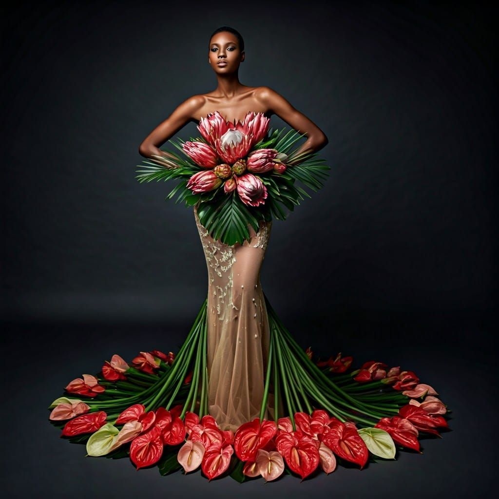 Elegant Black Model in Stunning Floral Gown