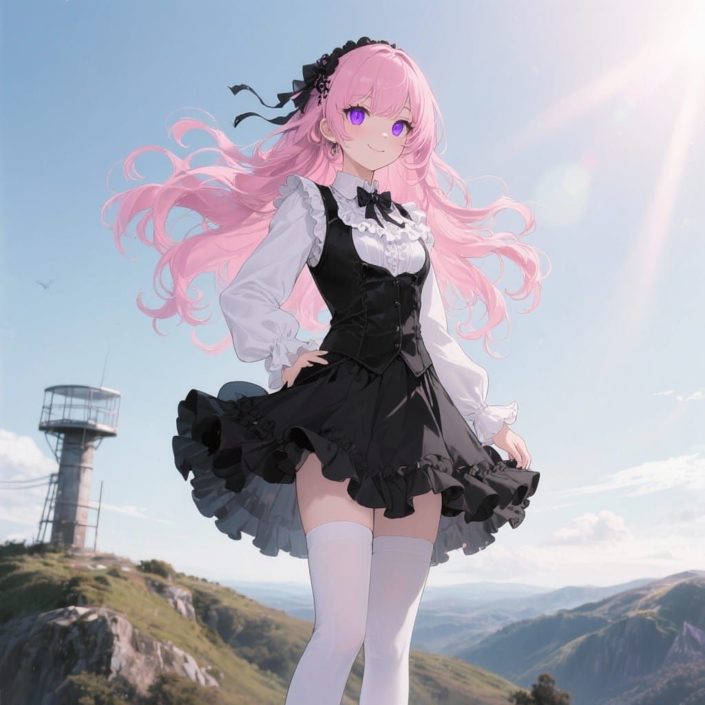 Gothic Anime Girl with Pink Hair on Hilltop