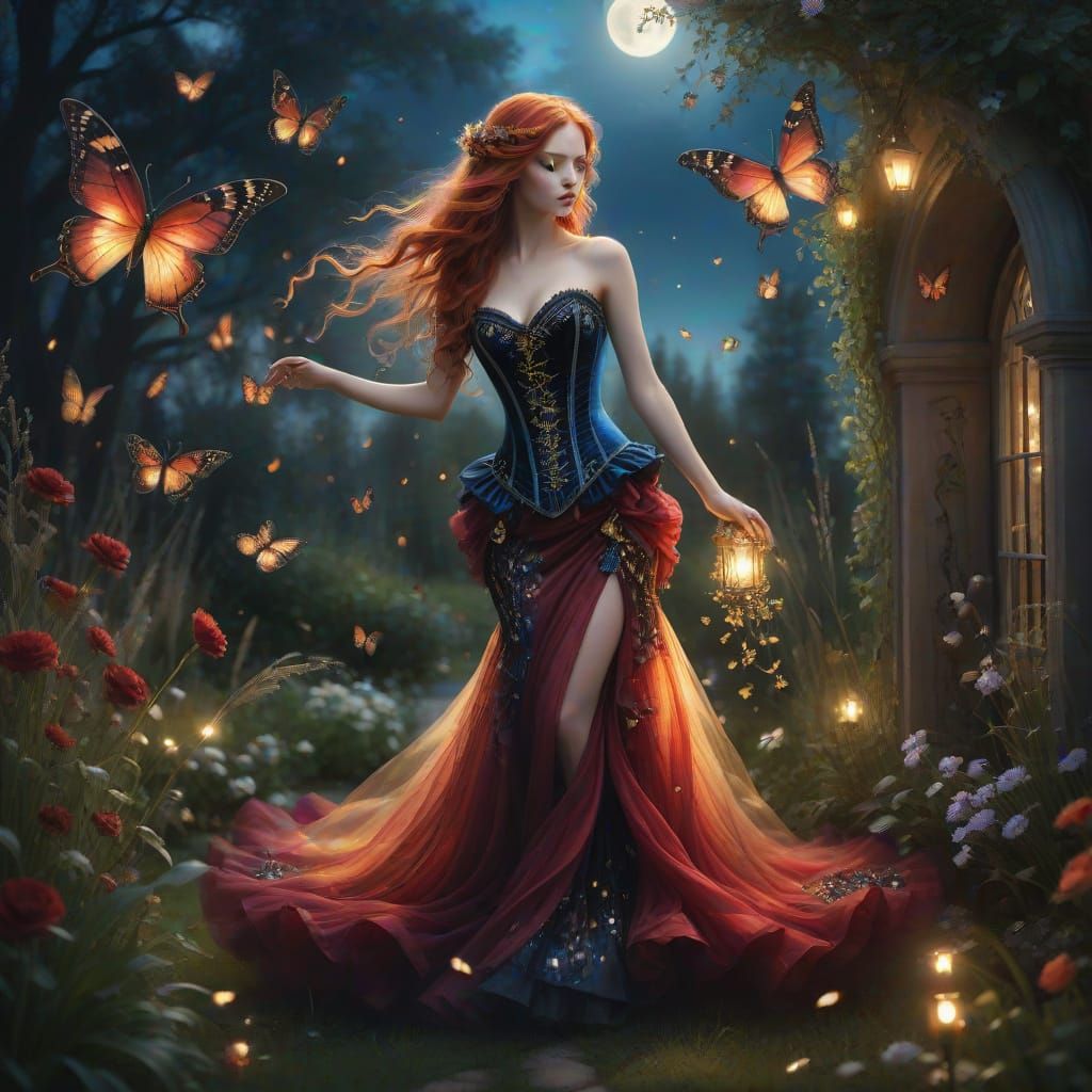 Fairy with Red Hair in Moonlit Garden