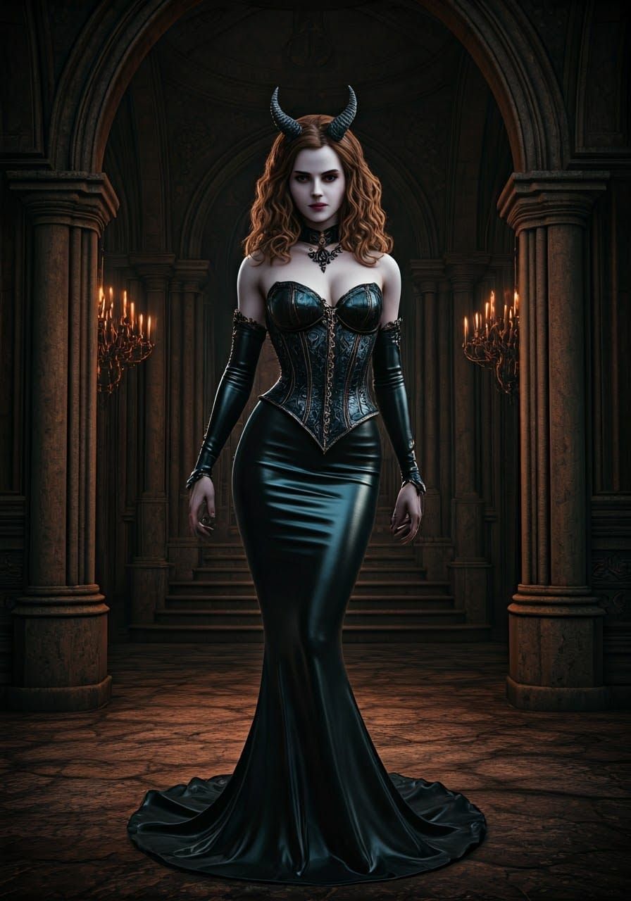 25 year old Hermione Granger as demonic snowwhite in shining black tight latex pencil dress