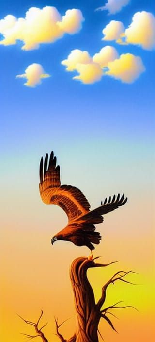 Hawk Flying Over Dead Tree at Sunset