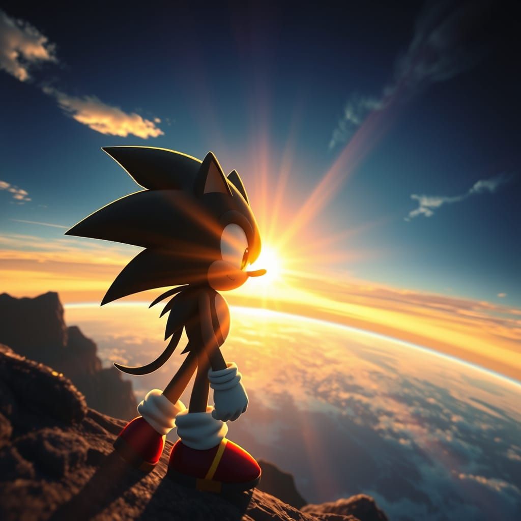 Sonic and Shadow Gaze at Sunrise in Hyperrealistic Art