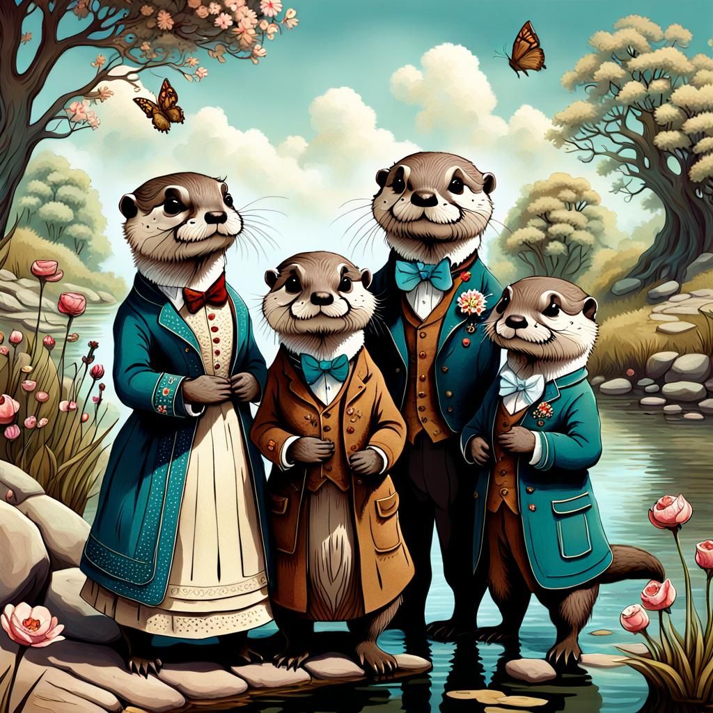 Adorable Otter Family in Pop Surrealist Illustration