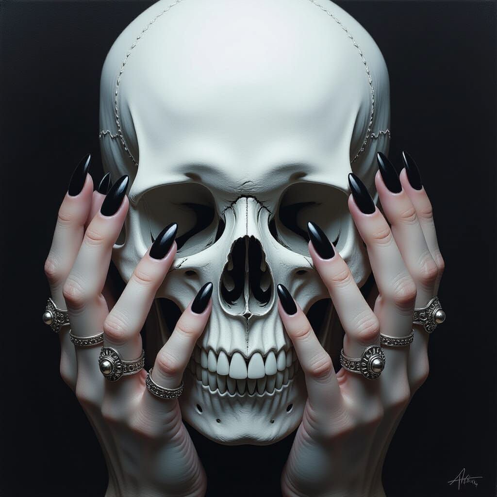Gothic Skull in Hands with Silver Rings