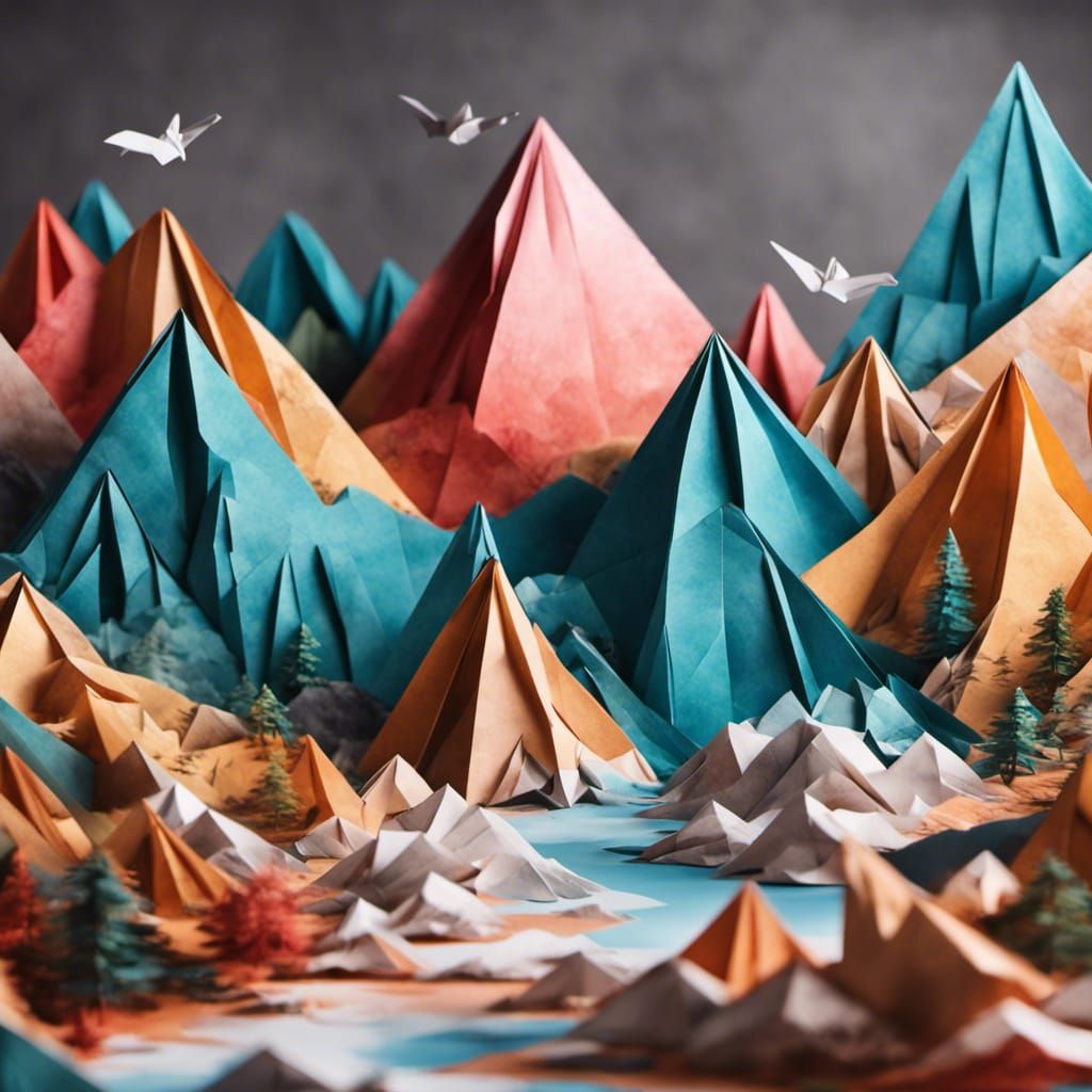 Origami Mountain Scene Sculpture in 8K Resolution