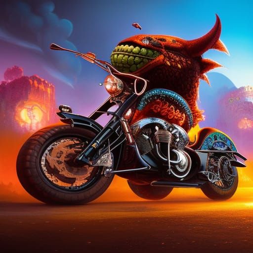 Funky Monster on Motorcycle, Steampunk Fantasy Art