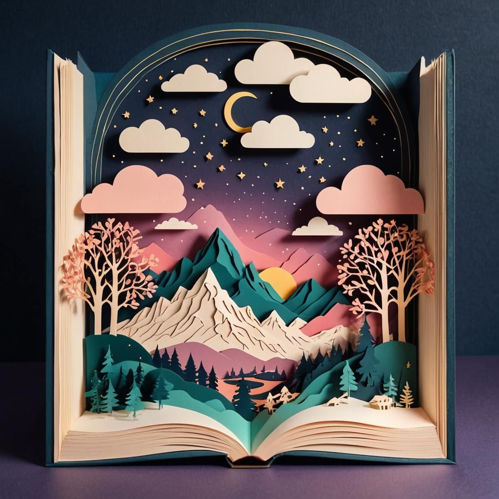 Enchanted Mountain Landscape Papercut Book Illustration