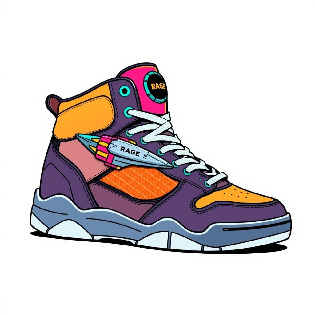 90s High-Top Sneaker with Spaceship Logo, Retro-Futuristic S...