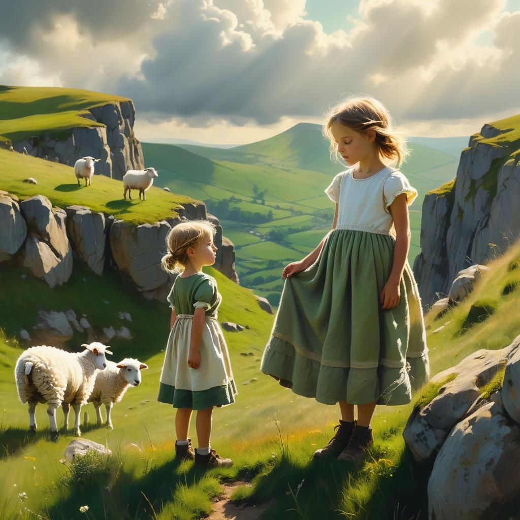 Girl and Sheep in Contrasting Worlds: Oil Painting