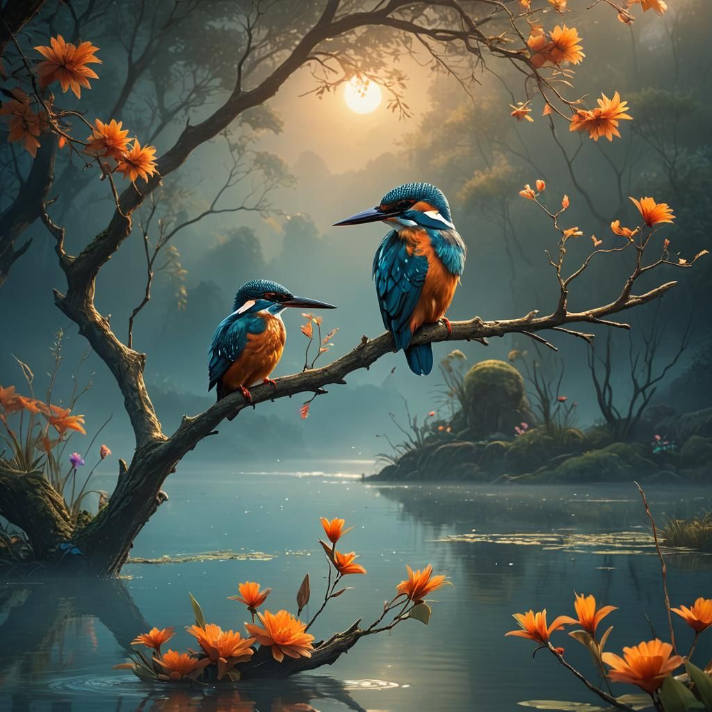 Kingfisher Fishing in Lake: Digital Matte Painting