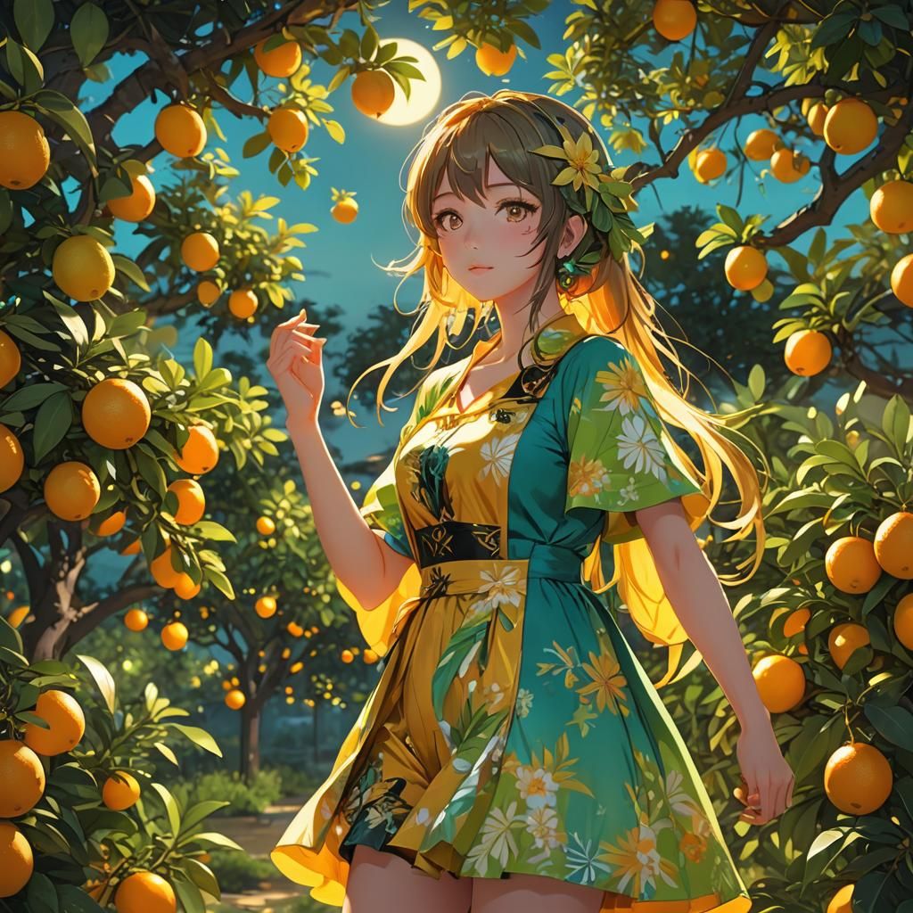 Anime Girl at Night in Vibrant Citrus Colors