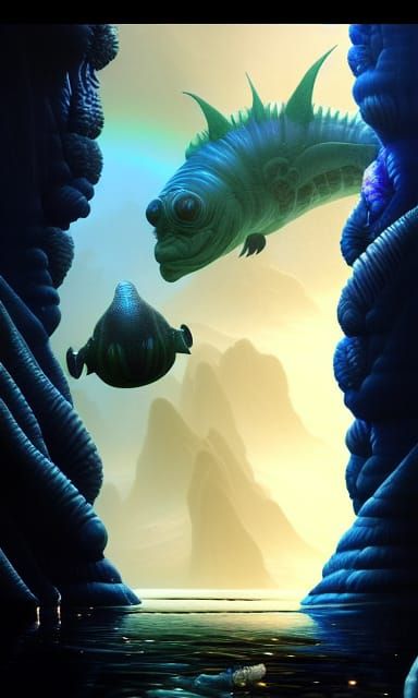 Alien Aquatic Life in Rainbow Waterscape