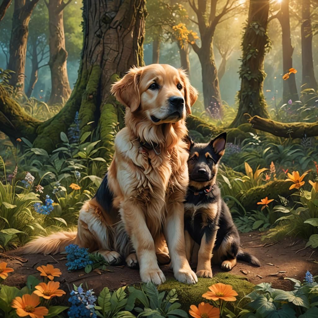 Golden Retriever and Puppy in Fantasy Forest