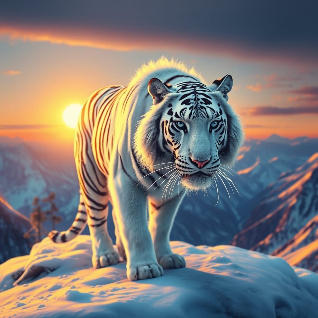 White Tiger on Snowy Peak at Sunrise