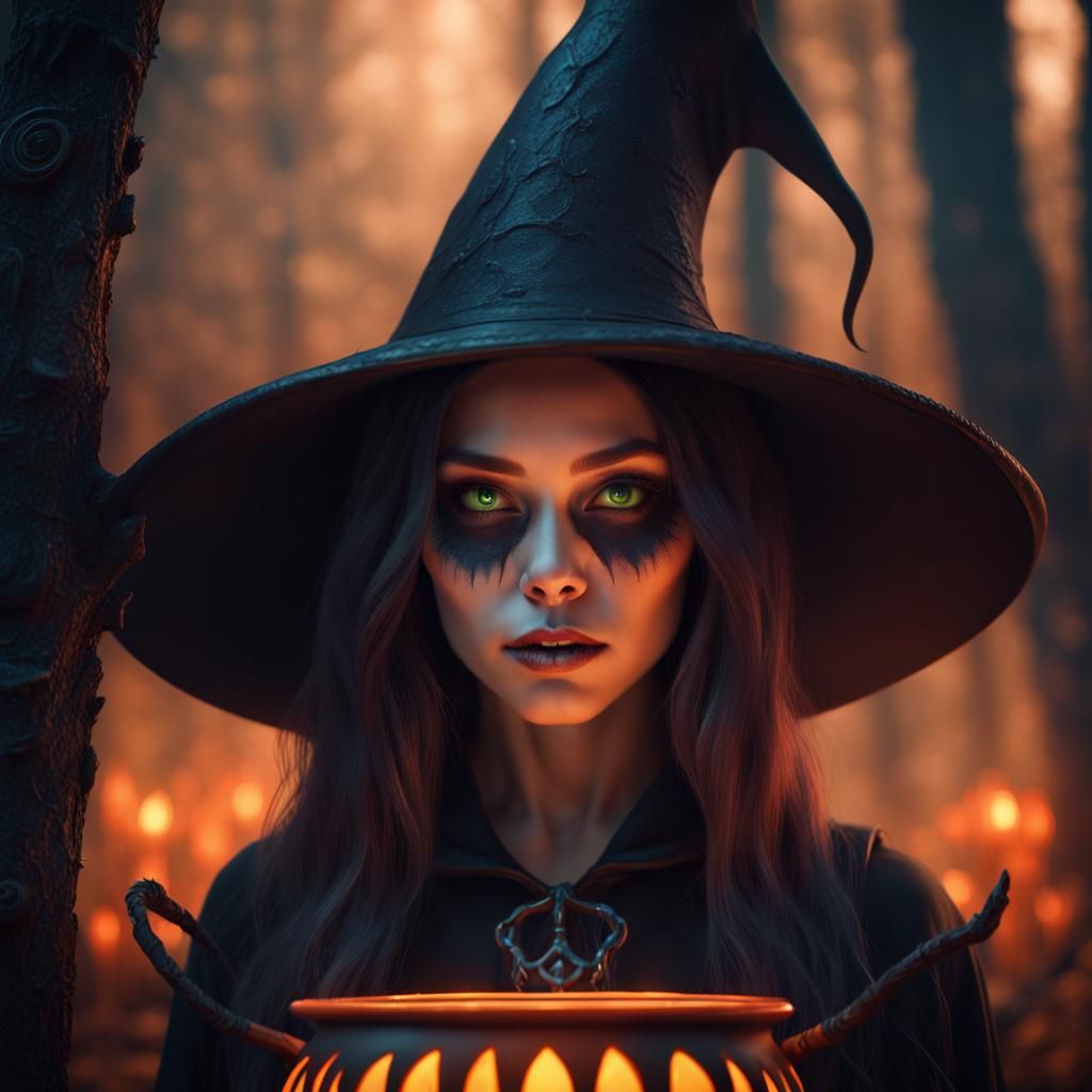 Young Halloween Witch by Cauldron: Matte Painting