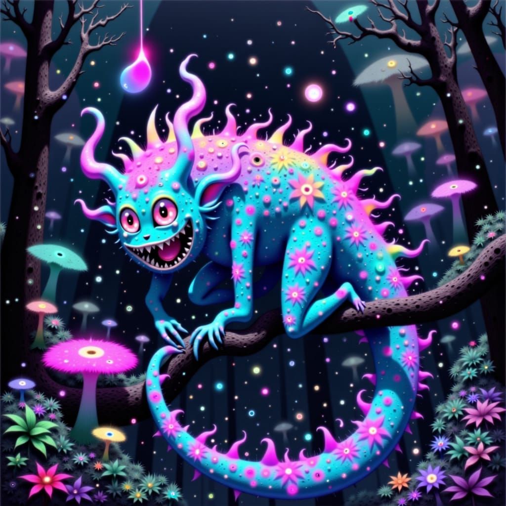 Bioluminescent Creature with Holographic Scales in Alien For...