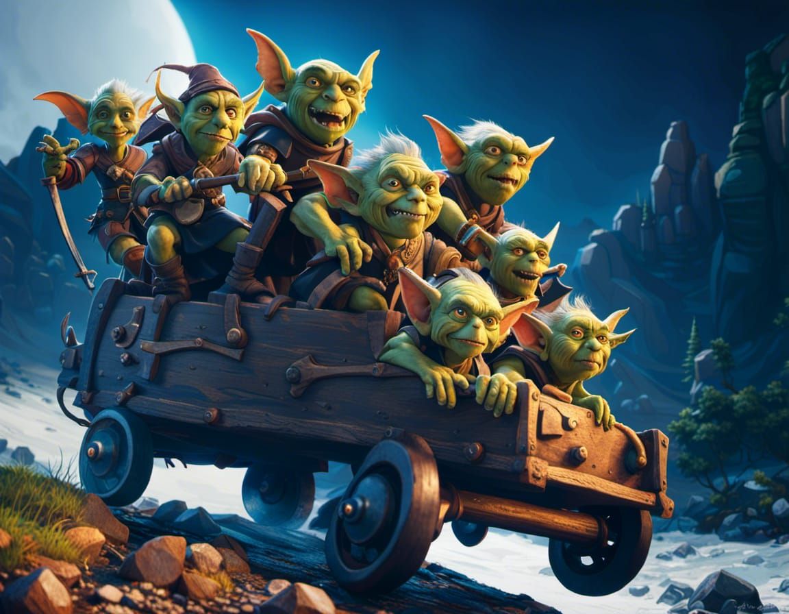 Make a goblin caravan or wagon full of goblins. It looks to be wrecklessly out of control going FAST downhill on a rocky...
