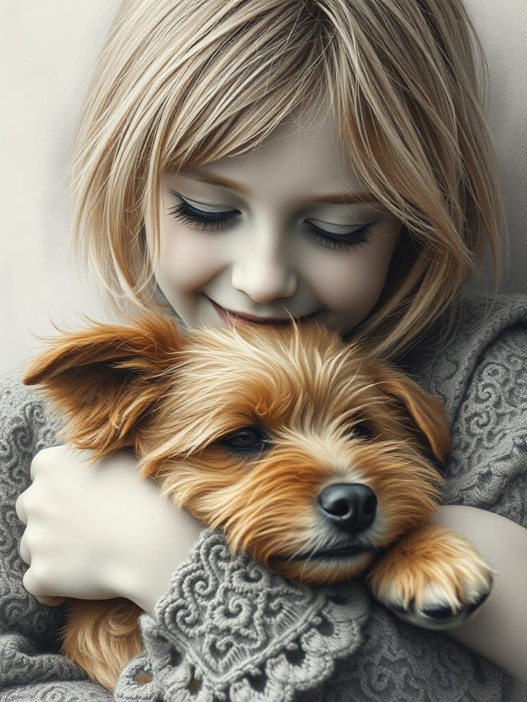 Charcoal Portrait: Girl and Dog in Eastern European Style