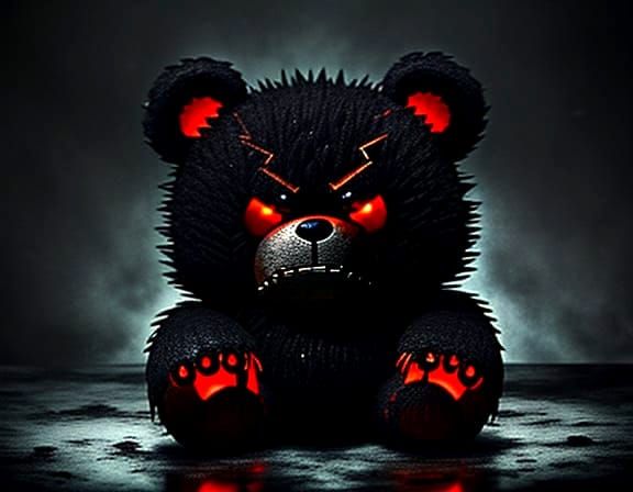 Menacing Dark Teddy Bear with Glowing Eyes