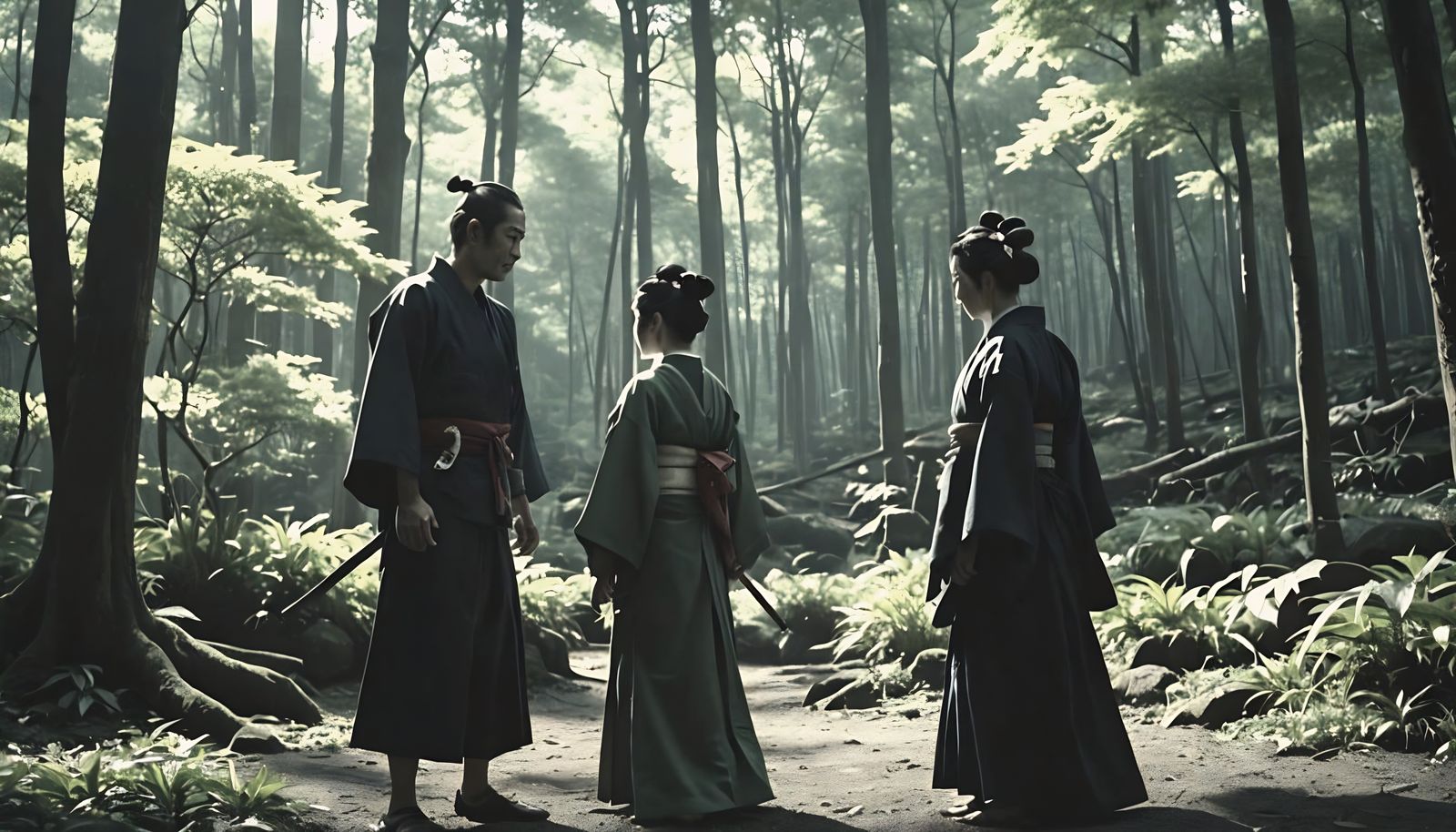 Dramatic Rashomon-Inspired Cinematic Still in Film Noir Styl...