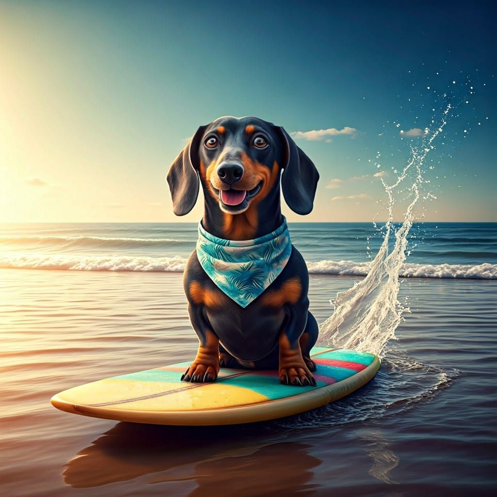 Dachshund Dog Surfing on Sun-Kissed Beach