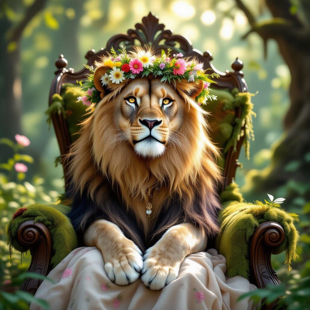 Lioness with Floral Crown in Sun-Dappled Forest