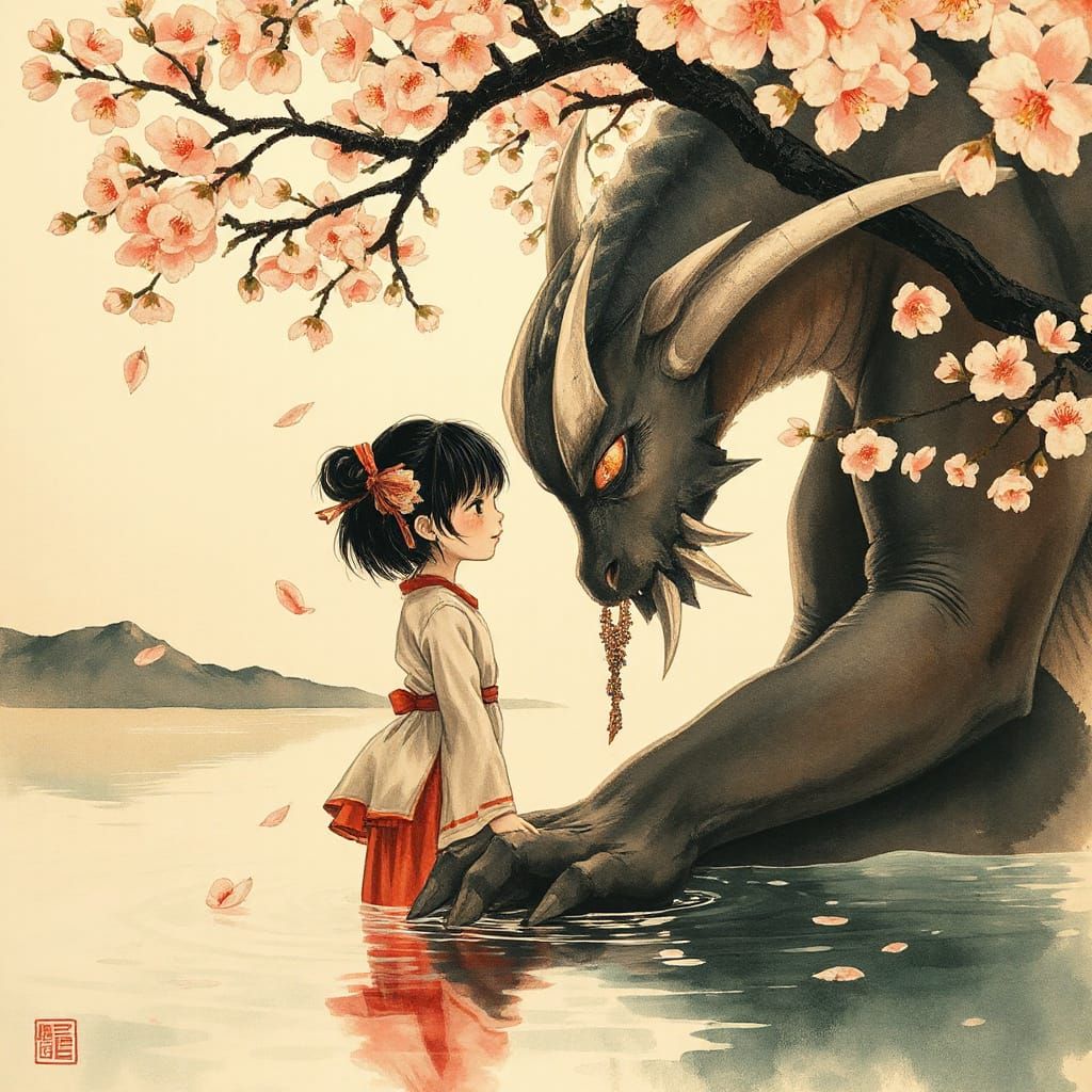 Serenely Entwined Cherry Blossom Moment in Japanese Art Styl...