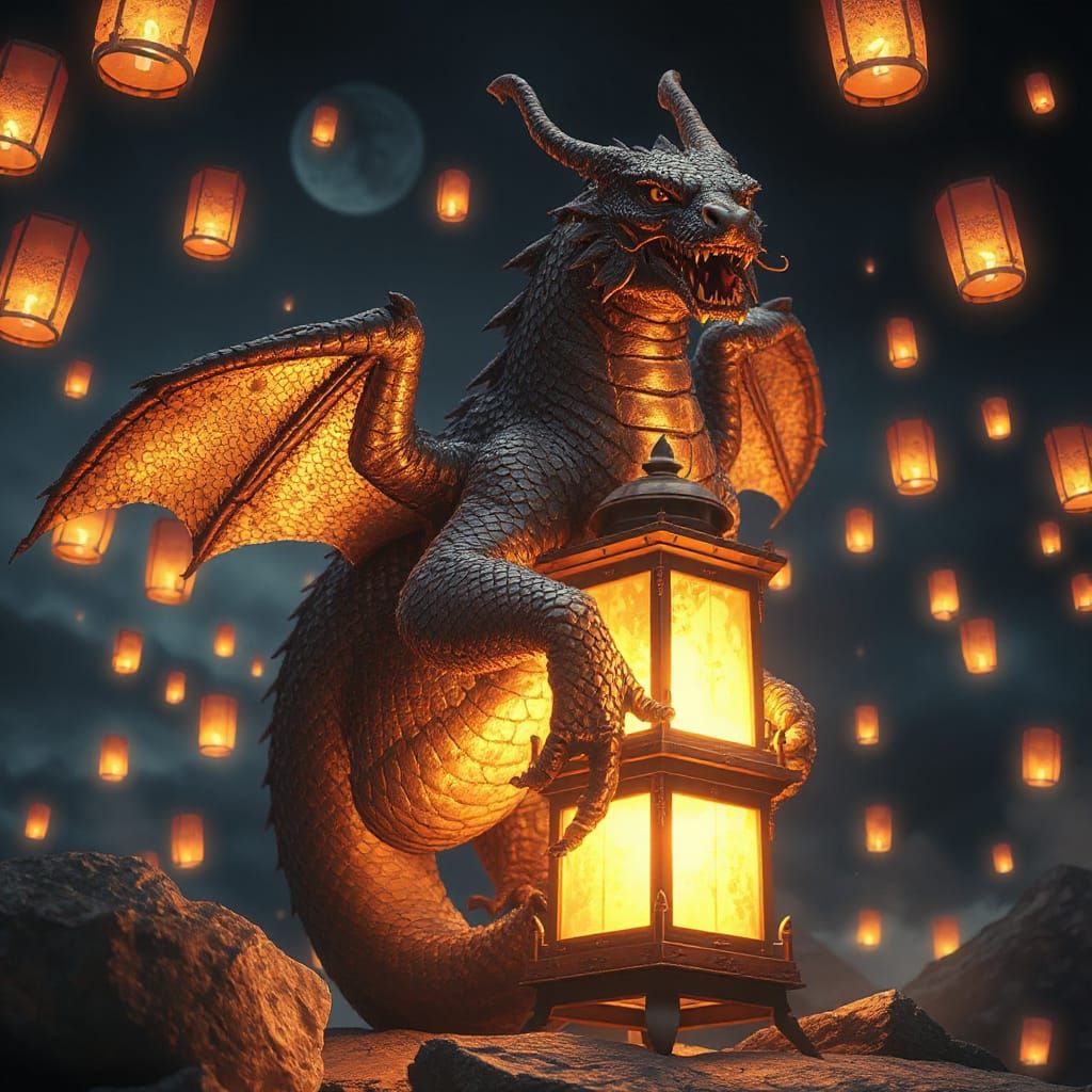 Dragon Coiled Around Glowing Lantern in Dramatic Lighting
