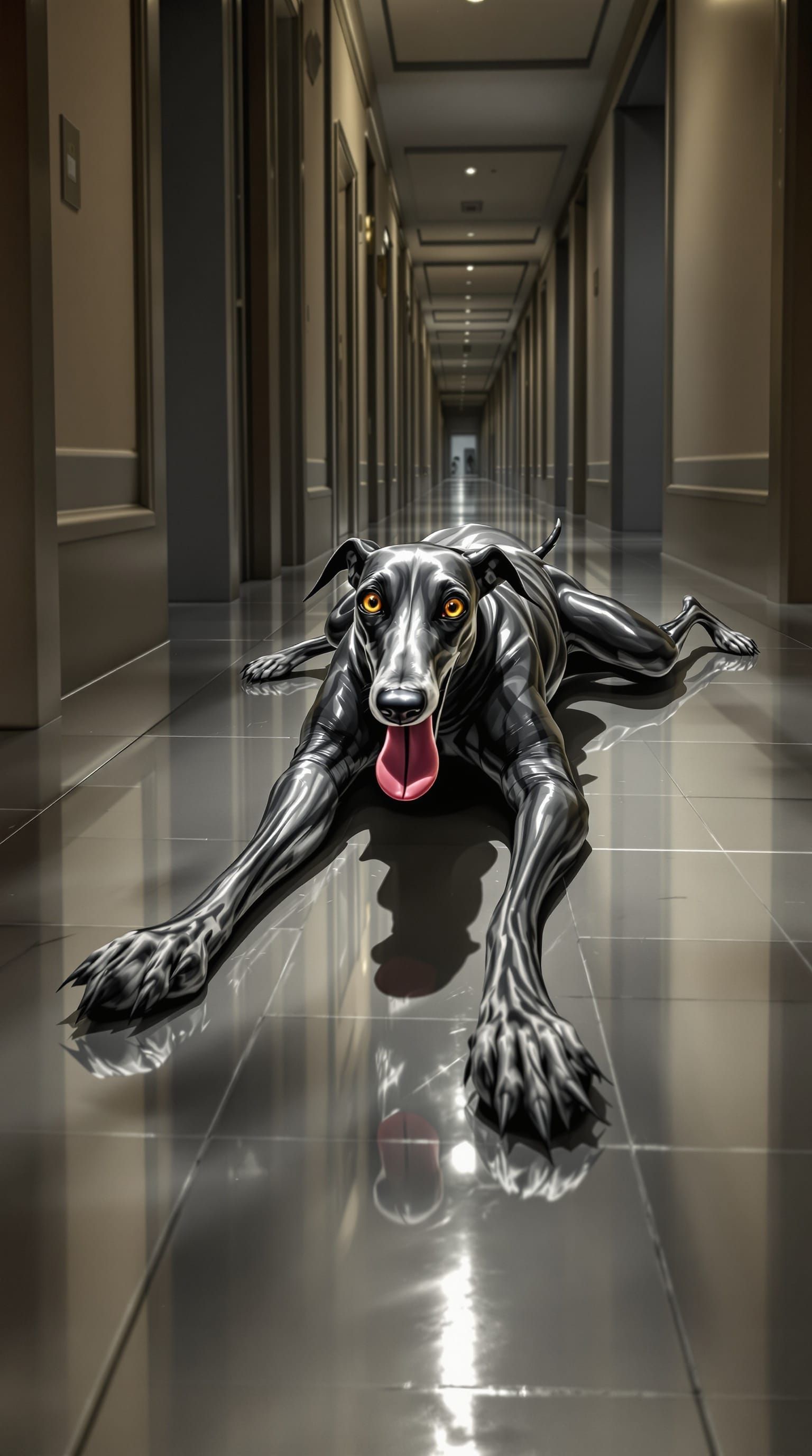 Comical Greyhound Slides on Shiny Waxed Floor