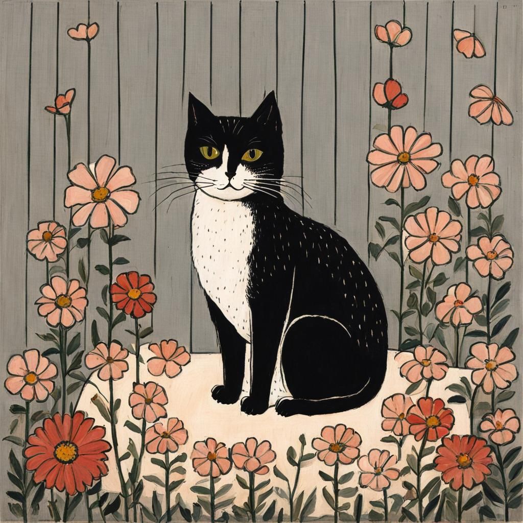Cat on Pillow in Naive Art Style