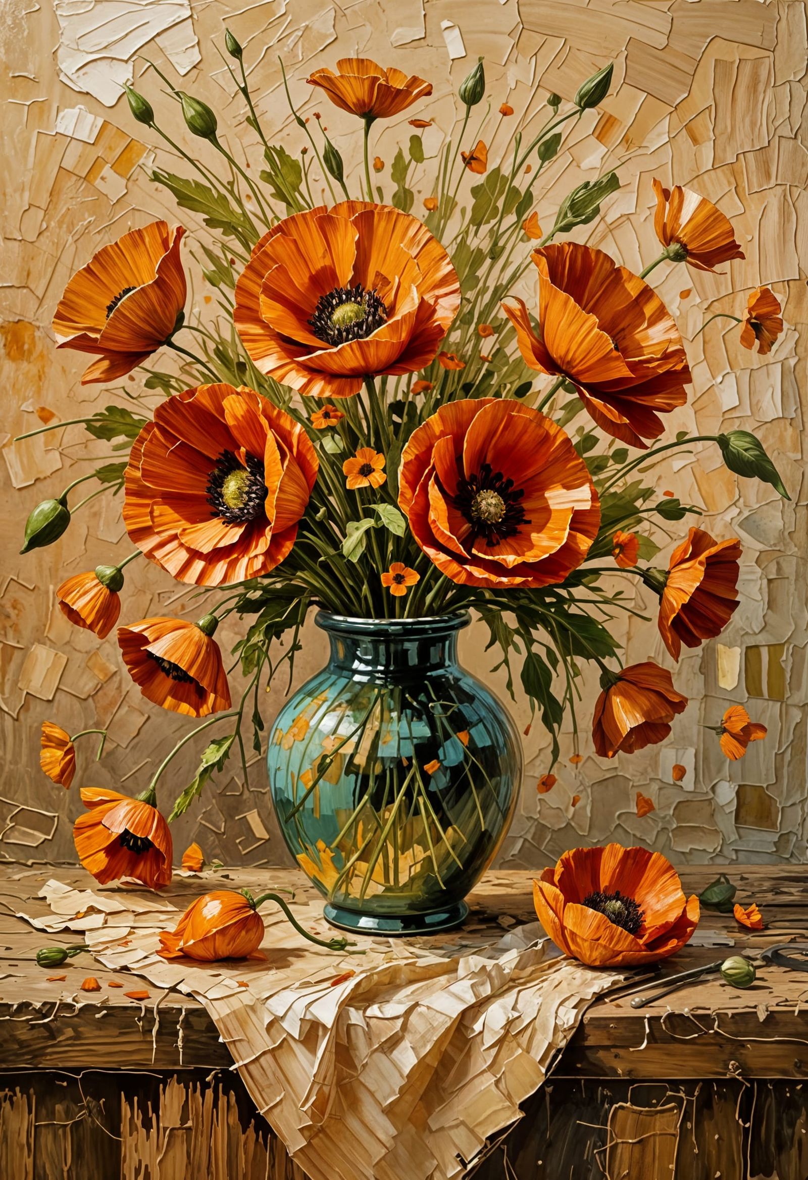 Poppies in Patina Vase as Impasto Oil Painting