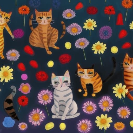 Cats in Flowers: Colorful Candy Art Illustration