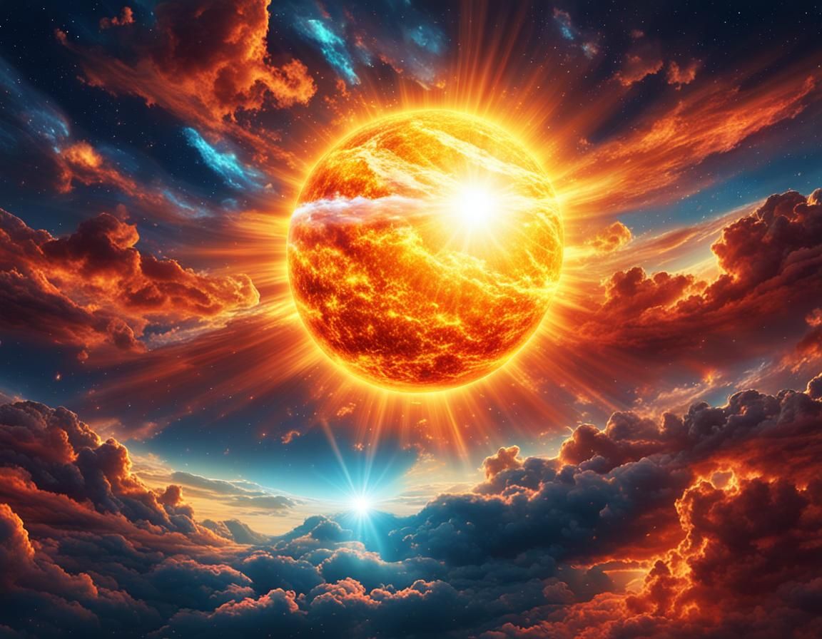 Fiery Sun in Distant Space: Cosmic Illustration
