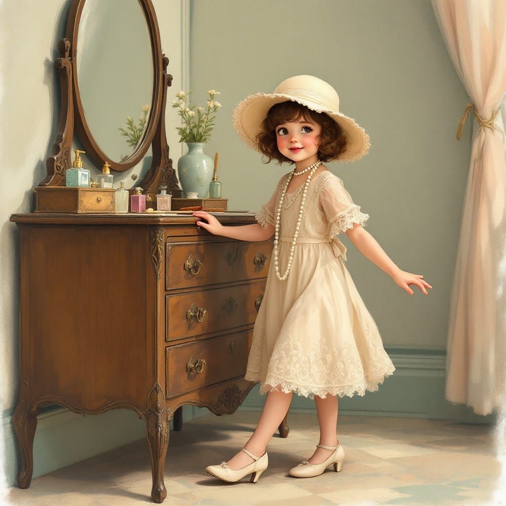 Girl in Vintage Room: A Naive Art Painting