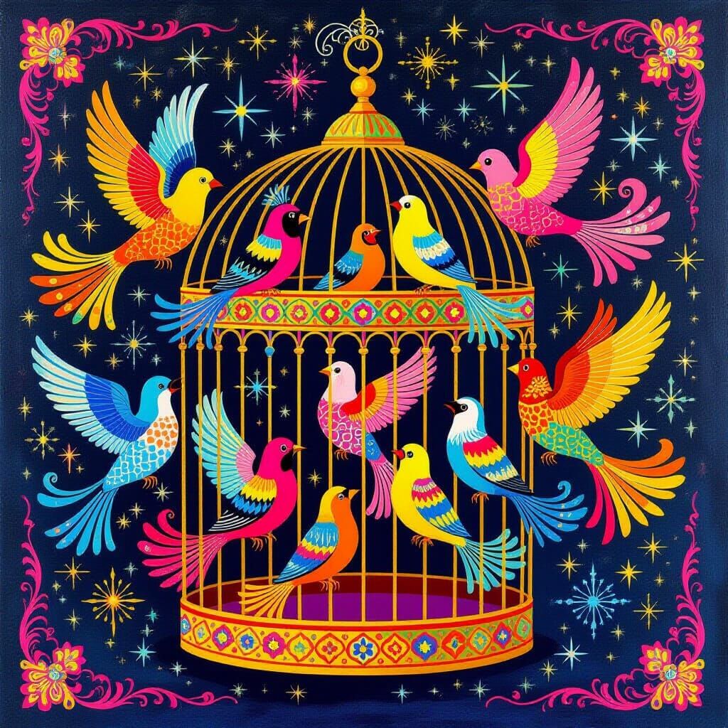 Psychedelic Birdcage with Fantastical Birds in Peter Max Sty...