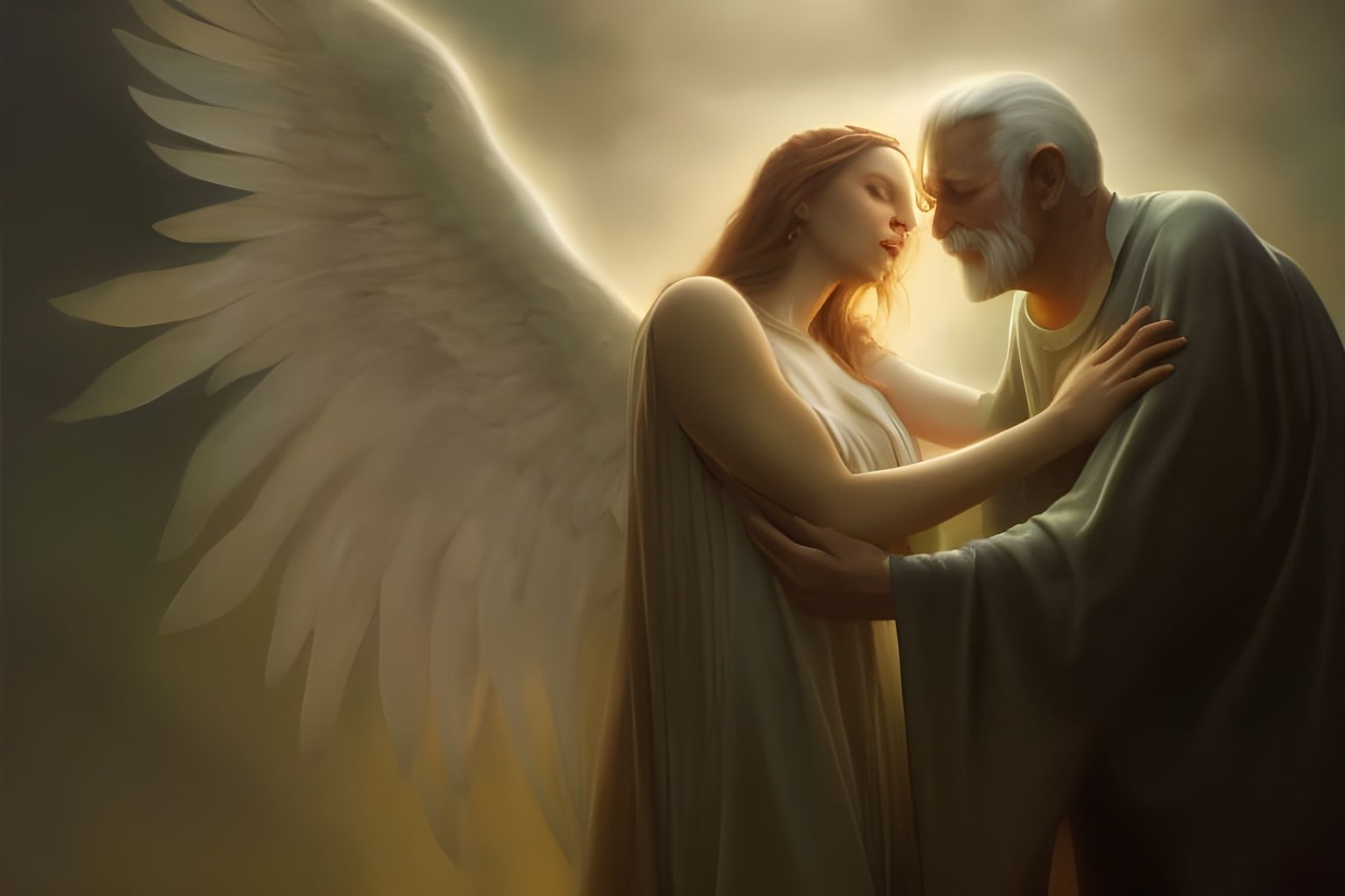 Glowing Angel Embraces Old Man: Fantasy Painting