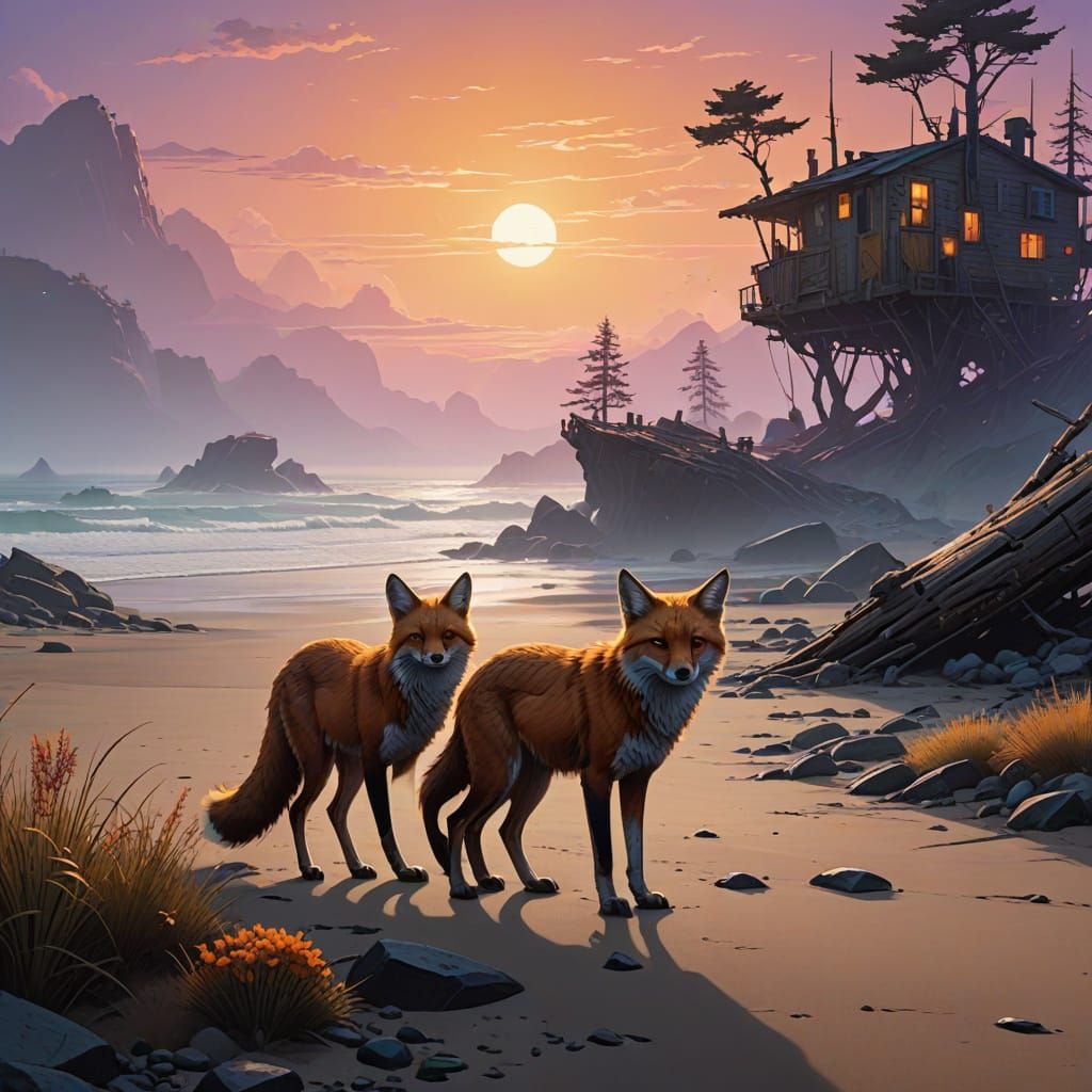 Mystical Fox Family Walks on Enchanted Beach at Sunset