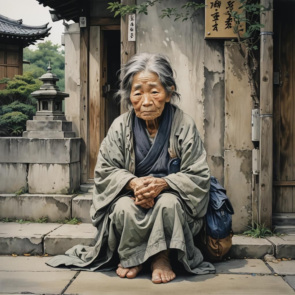 Japanese Homeless Woman in Fantasy Art Style