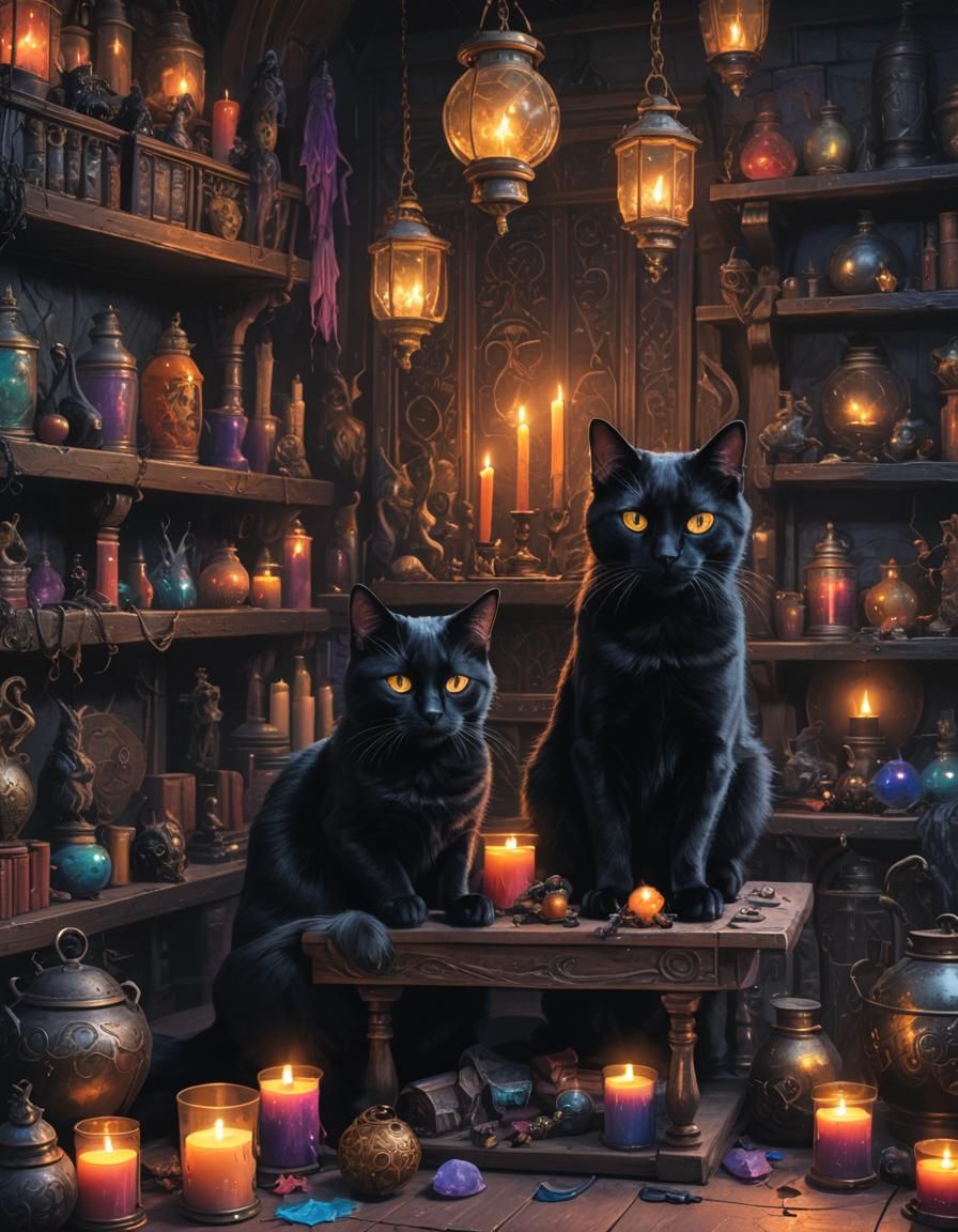 Dark Fantasy Cat in Gothic Witch Shop