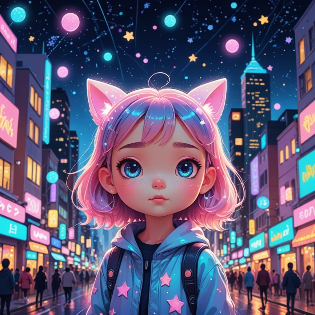 Kawaii Cartoon Character in Dreamy Cityscape