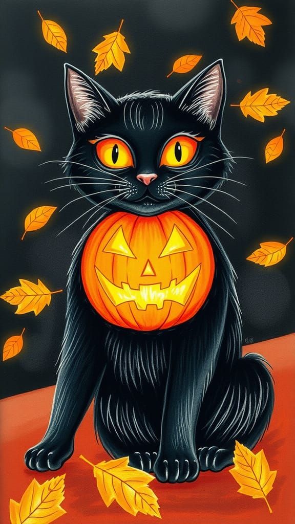 Halloween Black Cat with Jack O'Lantern Drawing