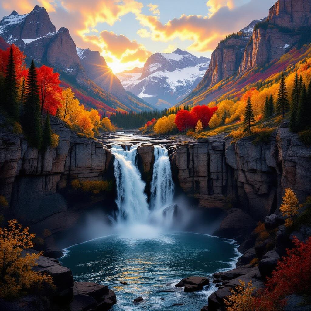 Golden Hour Autumn Waterfall in Rocky Mountains