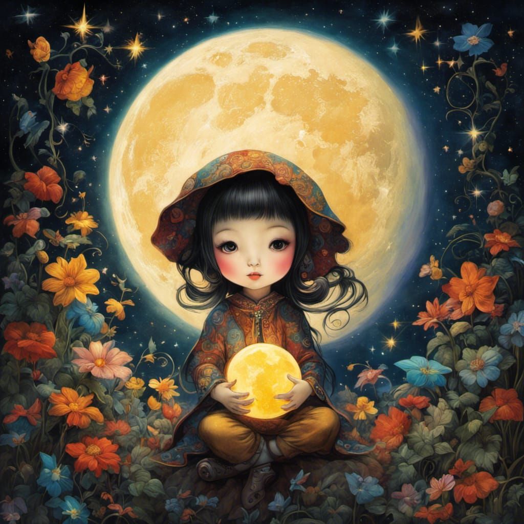 Whimsical Moon Child with Luminous Stars