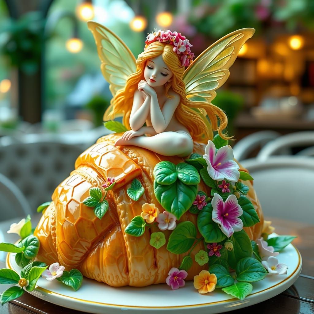 Ethereal Fairy on Porcelain Croissant in Art Nouveau Cafe