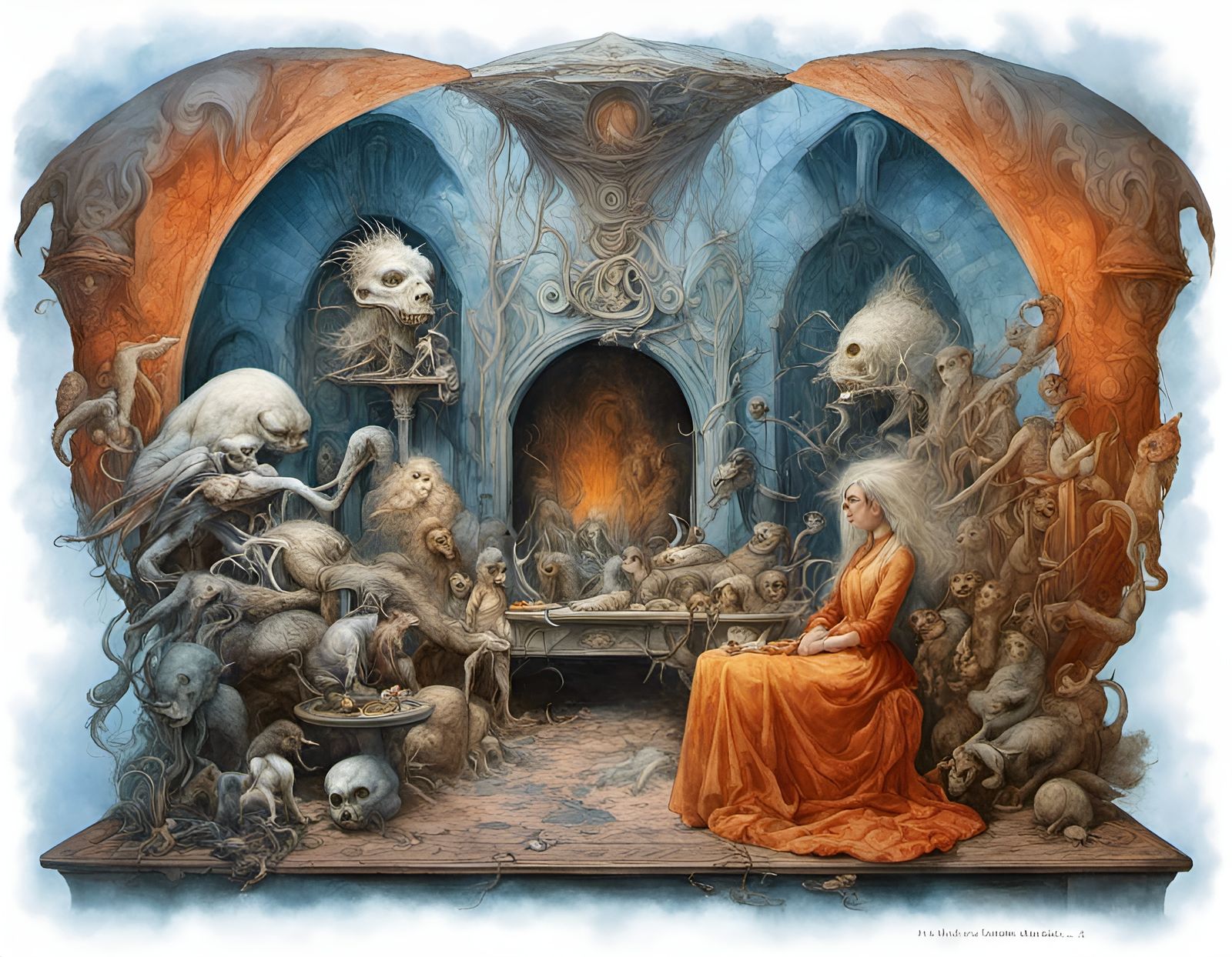 Cryptid Taxidermy Scene in Art Nouveau Style