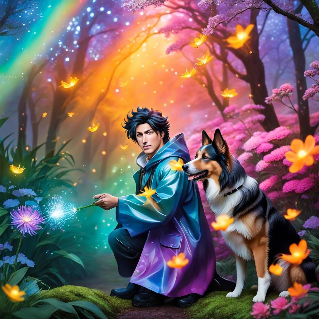 Manga Boy with Dogs in Botanical Garden