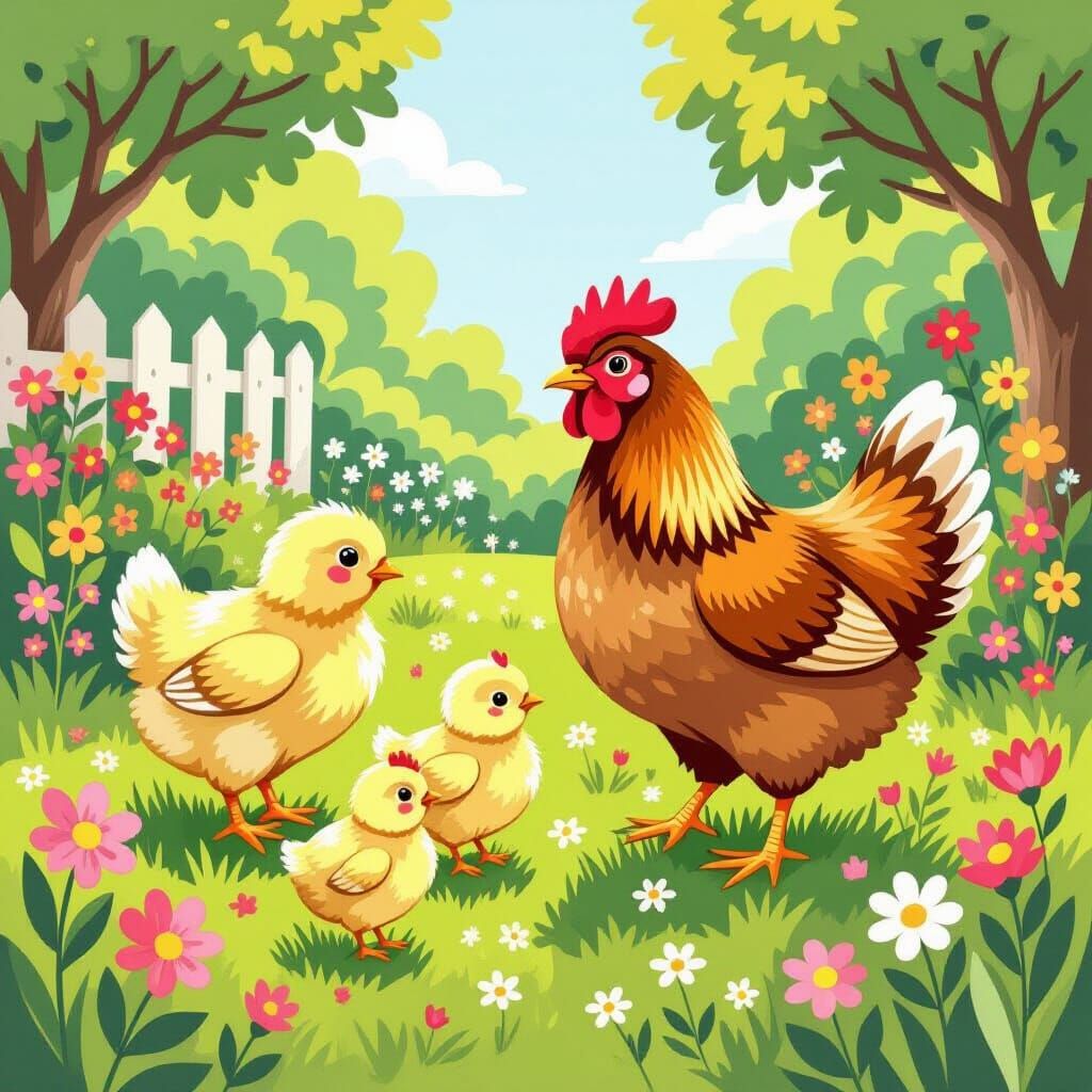 Chicks and Hen in Sunny Yard, Watercolor Style