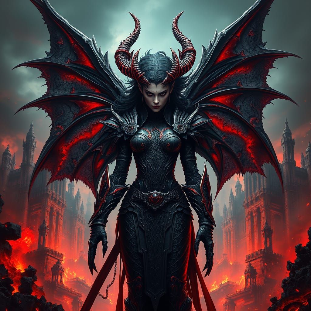 Gothic Demoness Triumphs in Hellish Ruins
